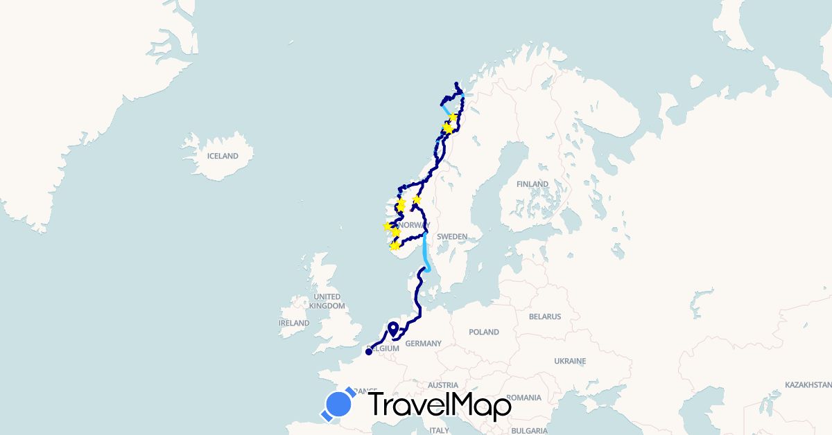 TravelMap itinerary: driving, hiking, boat in Germany, Denmark, France, Netherlands, Norway (Europe)
